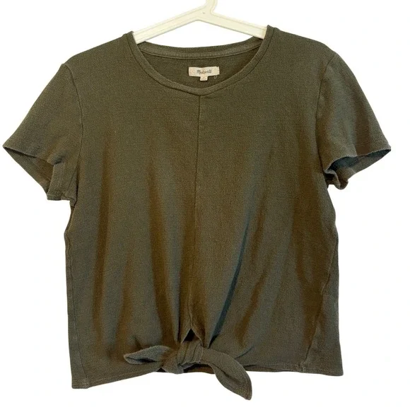 Madewell Olive Green Front Tie Knot Short Sleeve Cotton Top Small G6921 - Picture 2 of 10